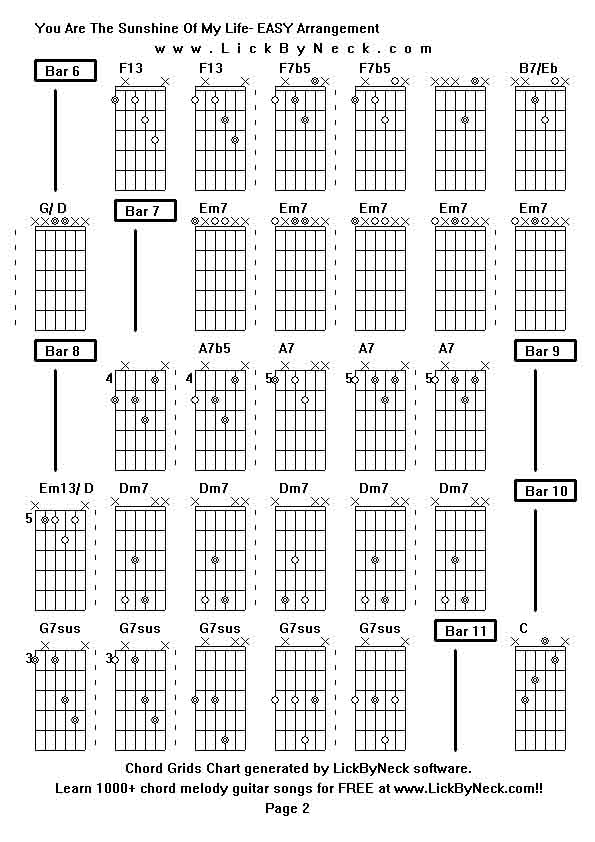 Chord Grids Chart of chord melody fingerstyle guitar song-You Are The Sunshine Of My Life- EASY Arrangement,generated by LickByNeck software.
